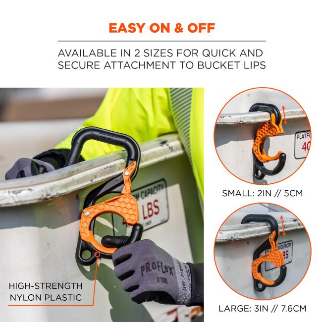 Easy on & off: available in 2 sizes for quick and secure attachment to bucket lips. Hooks made of high-strength nylon plastic. Small hooks are 2in//5cm. Large hooks are 3in/7.6cm.