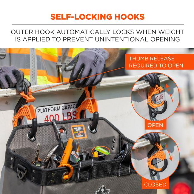 Self-locking hook: outer hook automatically locks when weight is applied to prevent unintentional opening. Thumb release is required to open (image shows thumb release opening and closing hook). 