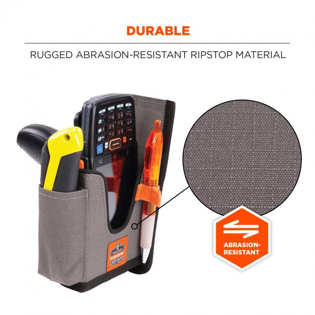 Durable: rugged abrasion-resistant ripstop material. Image detail shows zoomed in ripstop and icon says “abrasion-resistant”.