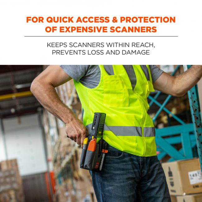 For quick access & protection of expensive scanner: keeps scanners within reach, prevents loss and damage. Image shows worker pulling scanner out of holster with ease. 