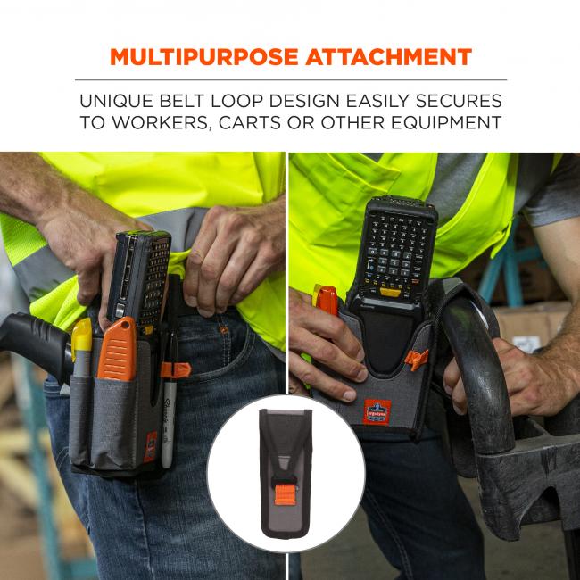 Multipurpose attachment: unique belt loop design easily secures to workers, carts or other equipment. Image on left shows worker attaching holster to belt; image on right shows worker attached holster to a cart. 
