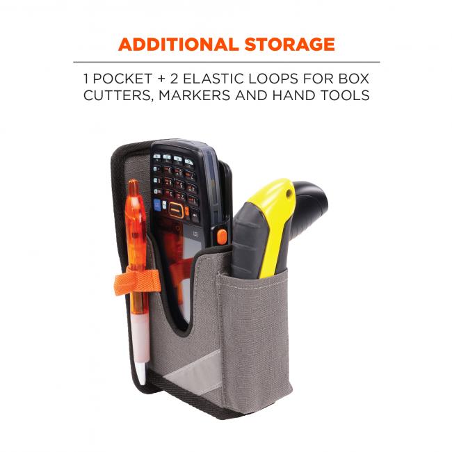 Additional storage: 2 pockets + 2 elastic loops for box cutters, markers and hand tools. Image shows holster with scanner, pens, and box cutter. 