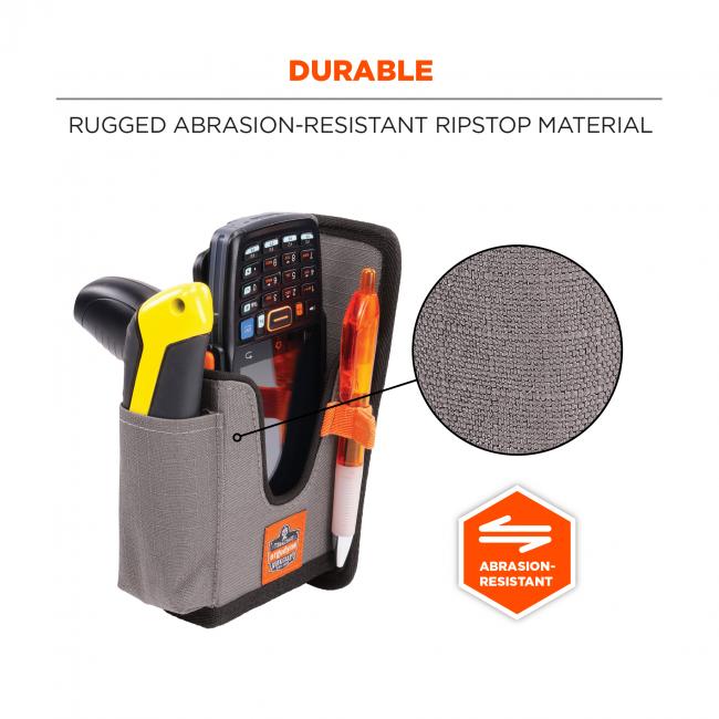 Durable: rugged abrasion-resistant ripstop material. Image detail shows zoomed in ripstop and icon says “abrasion-resistant”
