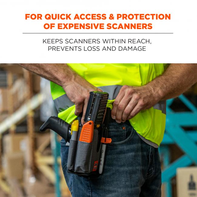 For quick access & protection of expensive scanner: keeps scanners within reach, prevents loss and damage. Image shows worker attaching holster to belt with ease. 