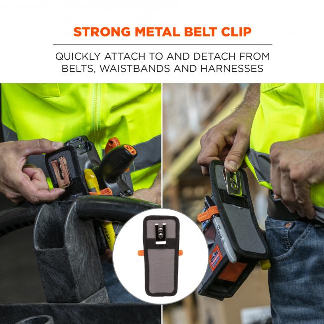 Strong metal belt clip: quickly attach to and detach from belts, waistbands and harnesses.