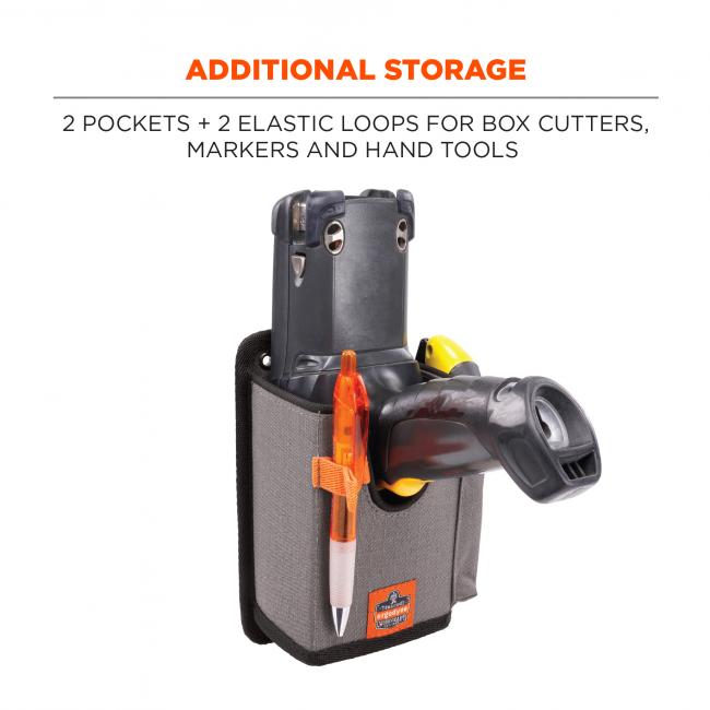 Additional storage: 2 pockets + 2 elastic loops for box cutters, markers and hand tools. Image shows holster with scanner, pen and box cutter. 