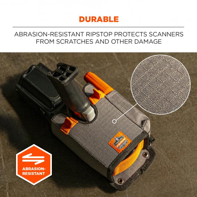 Durable: abrasion-resistant ripstop protects scanners from scratches and other damage. Image shows detail of material and says “abrasion-resistant”. 