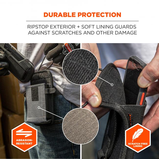 Durable protection: ripstop exterior + soft lining guards against scratches and other damage. Image shows detail of material and says “abrasion-resistant”. 