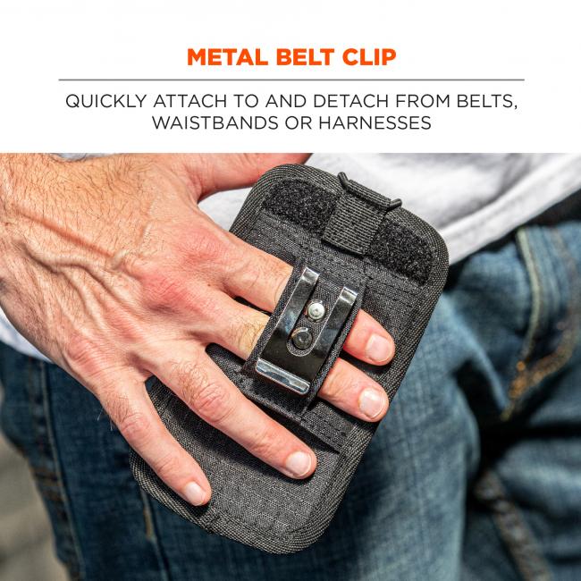 Metal belt clip: quickly attach to and detach from belts, waistbands or harnesses. Image shows detail of belt clip. 
