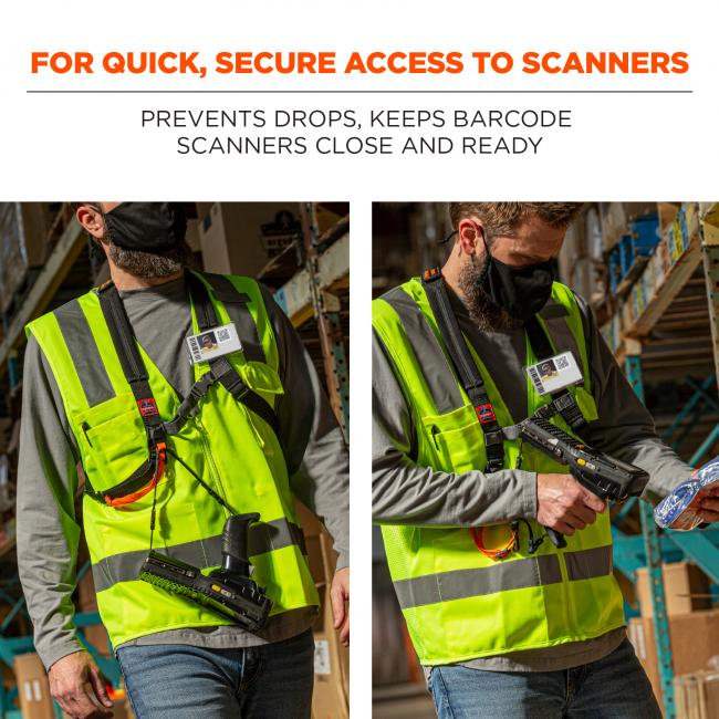 For quick, secure access to scanners: prevents drops, keeps barcode scanners close and ready. Image shows warehouse worker using scanner harness