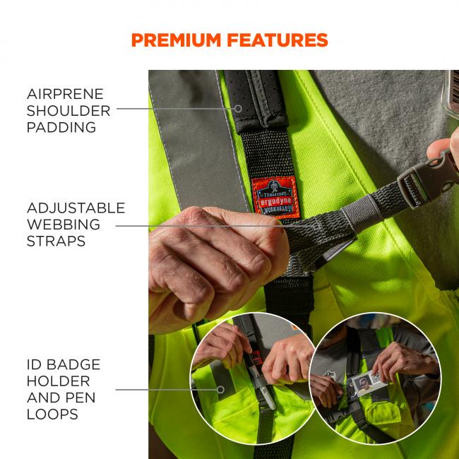 Premium features. Image shows person wearing harness and highlights these features: Airprene shoulder padding, adjustable webbing straps, and ID badge holder and pen loops