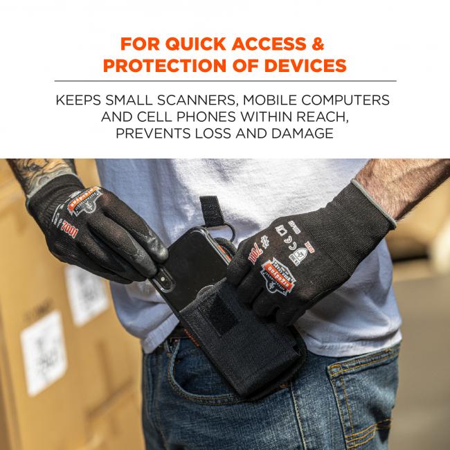 For quick access & protection of devices: keeps small scanners, mobile computers, and cellphones within reach, prevents loss and damage. Image shows worker removing device from holster with ease. 