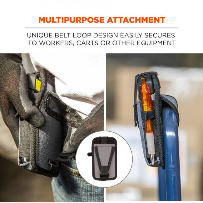 Multipurpose attachment: unique belt loop design easily secures to workers, carts or other equipment. Image shows holster attached to person and to cart. 