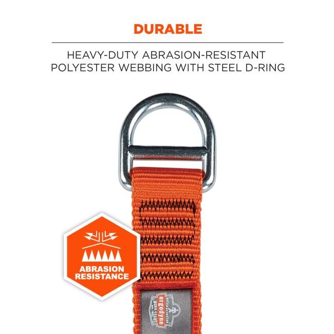 Durable: heavy-duty abrasion-resistant polyester webbing with steel d-ring.