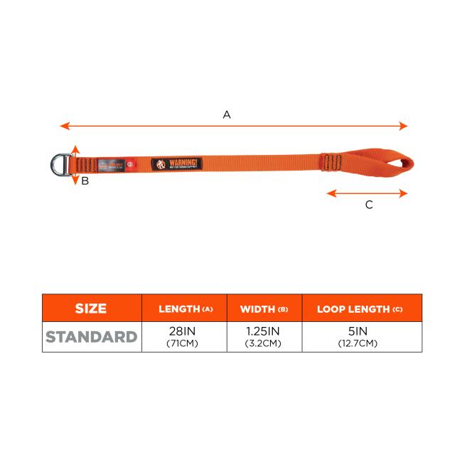 Size chart: Standard size anchor attachment is 28in(71cm) in length, 1.25in(3.2cm) in width and loop length is 5in(12.7cm). 