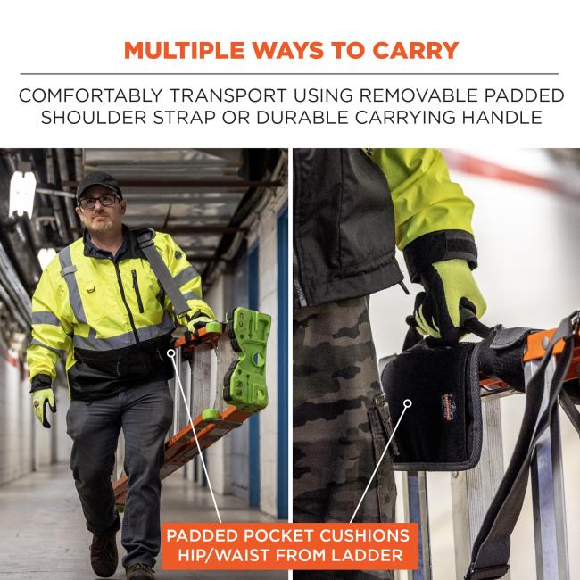 Multiple ways to carry: comfortably transport using removable padded shoulder strap or durable carrying handle. Padded pocket cushions hip/waist from ladder.