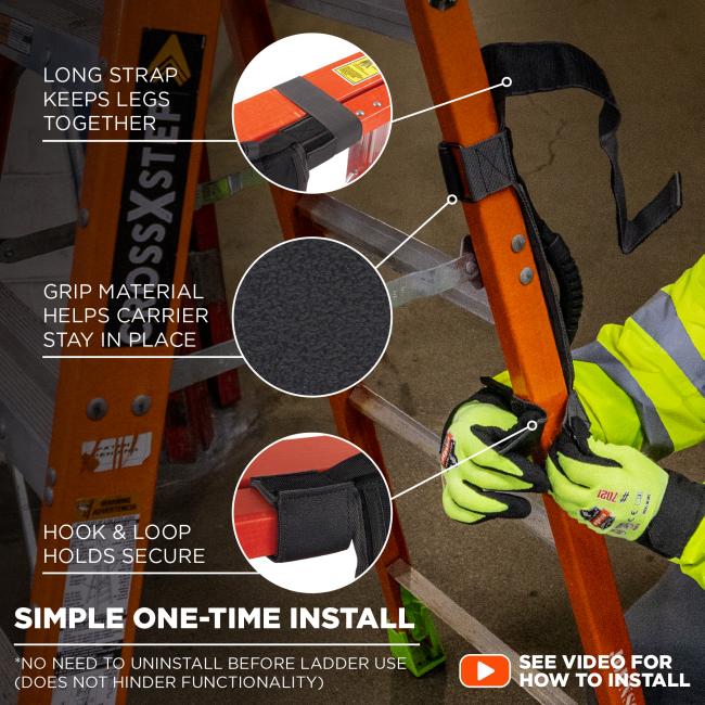 Simple one-time install: no need to uninstall before ladder use (does not hinder functionality). See video for how to install. Features a long strap that keeps legs together, grip material that helps carrier stay in place, and secure hook& loops to secure.