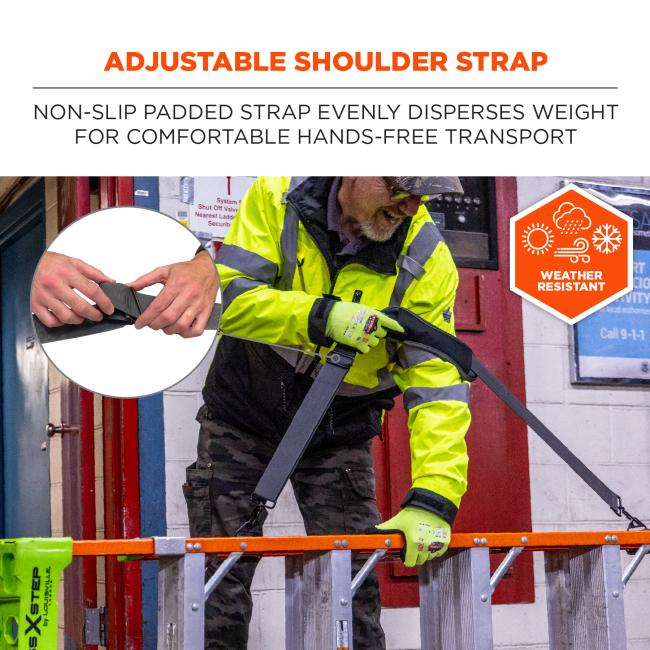 Adjustable shoulder strap: non-slip padded strap evenly disperses weigh for comfortable hands-free transport. Weather resistant.