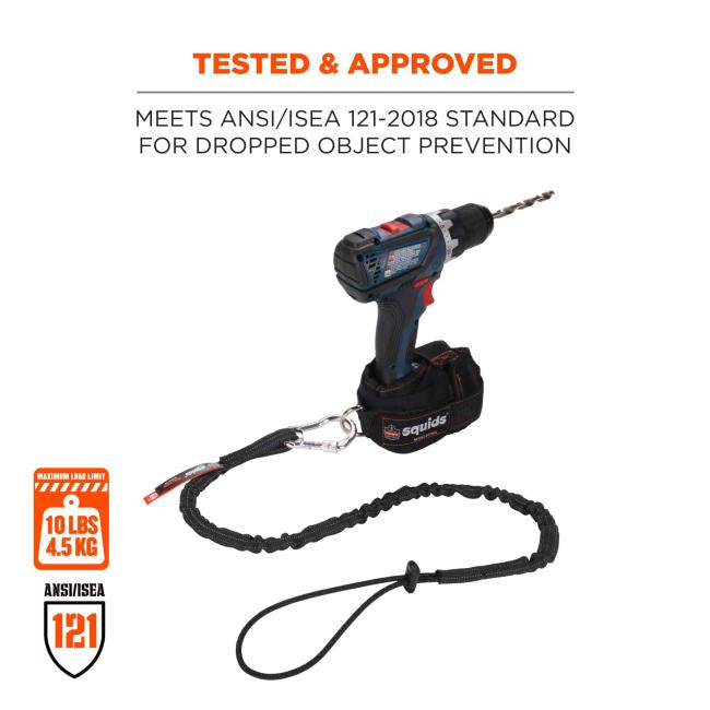 Tested & approved: meets ansi/isea 121-2018 standard for dropped object prevention. Icons on bottom left: Max. Load limit 10 lbs/4.5kg, ANSI/ISEA 121 approved.