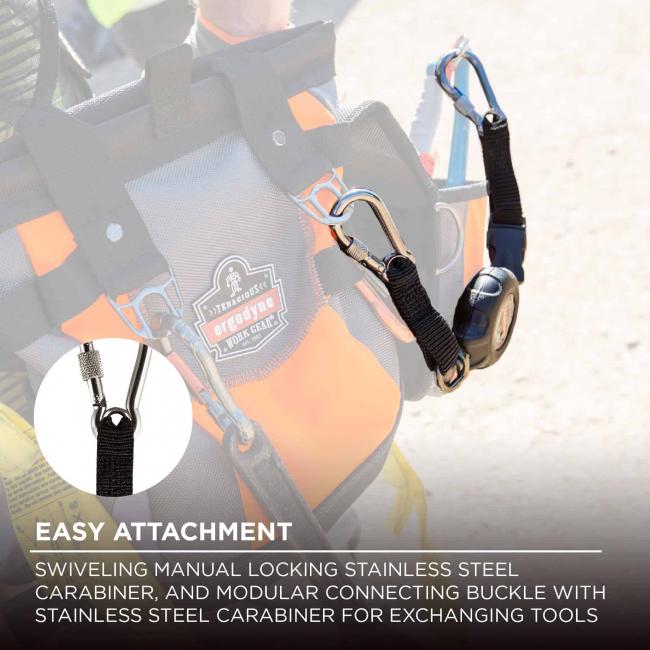 Easy attachment: Swiveling manual locking stainless steel carabiner, and modular connecting buckle with stainless steel carabiner for exchanging tools