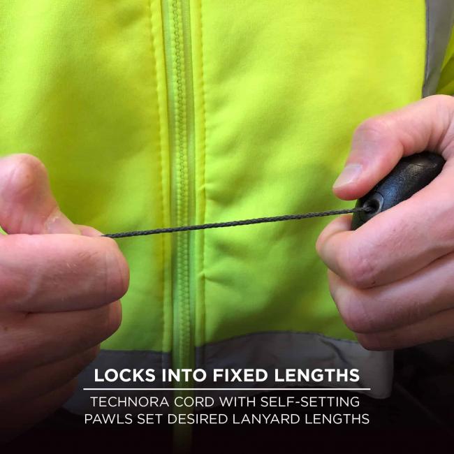 Locks into fixed lengths: technora cord with self-setting Rawls set desired lanyard lengths. 