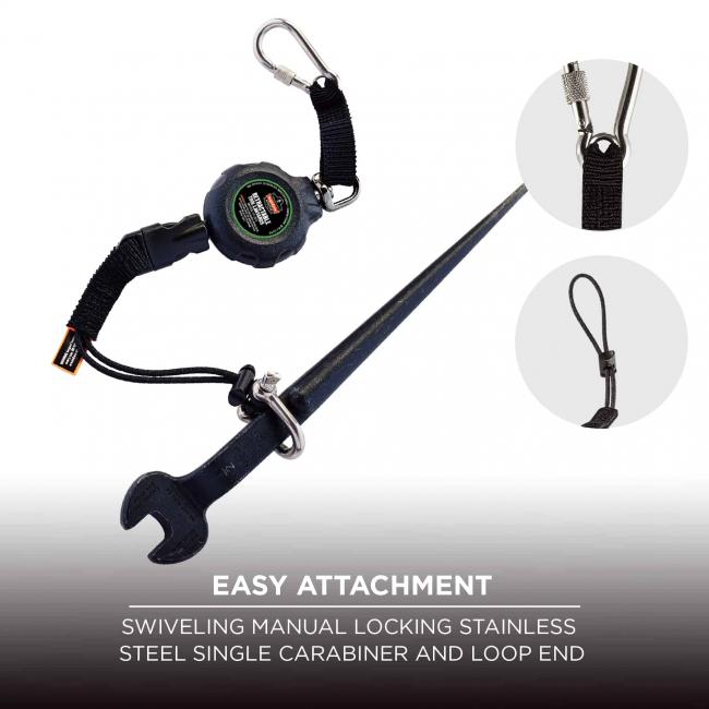 Easy attachment: Swiveling manual locking stainless steel single carabiner and loop end