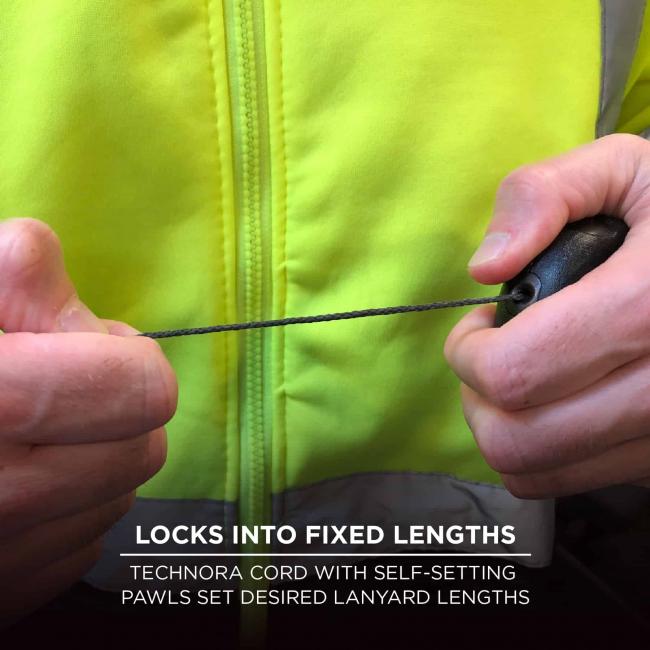 Locks into fixed lengths: technora cord with self-setting Rawls set desired lanyard lengths. 