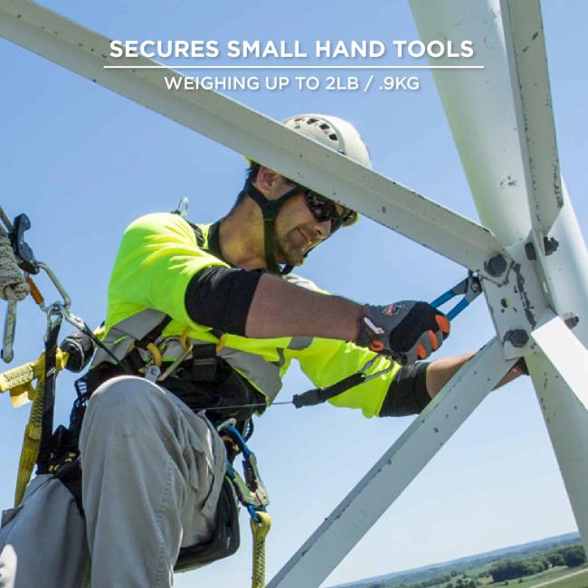 Secures small hand tools: weighing up to 1lb/.5kg. Image shows tower climber using tethered hand tool. 