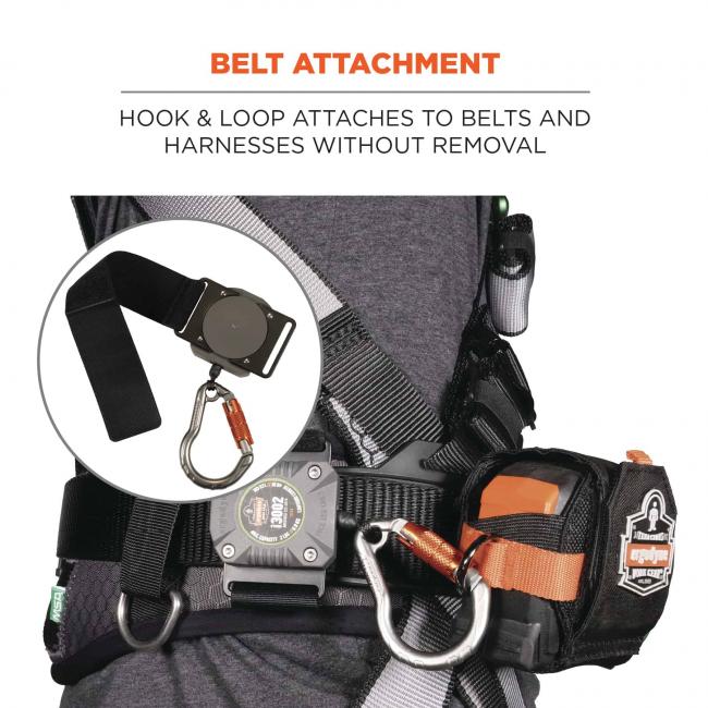 Belt attachment: Hook & loop attaches to belts and hardnesses without removal. Image shows detail of how strap attaches to harness.  