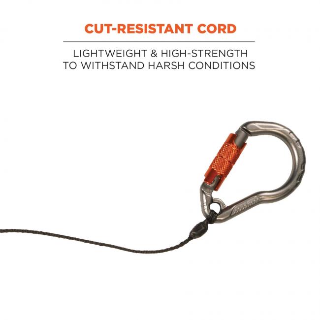 Cut-resistant cord: lightweight & high-strength to withstand harsh conditions. Image shows detail of cord and carabiner. 