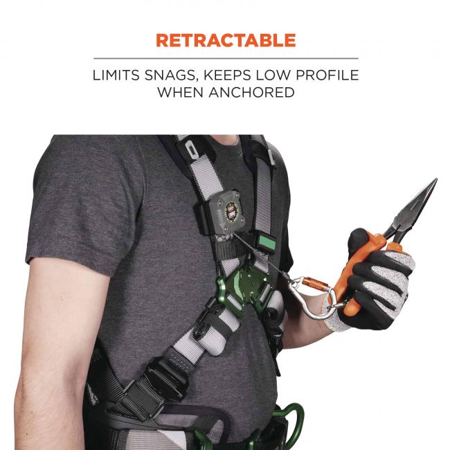 Retractable: limits snags, keeps low profile when anchored. Image shows person in fall protection gear with lanyard and tool tethered to their fall protection. 