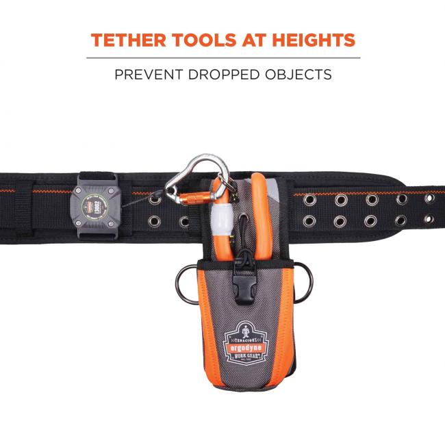 Tether tools at heights: prevent dropped objects. Image of tower climber with tethered tools. 