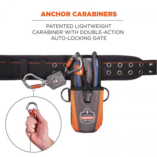 Anchor carabiners: patented lightweight carabiner with double-action auto-locking gate. Image shows lanyard attached to tool and tool belt. Circle shows detail of carabiner. 