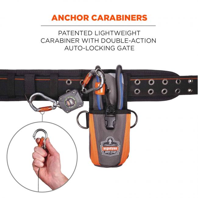 Anchor carabiners: patented lightweight carabiner with double-action auto-locking gate. Image shows lanyard attached to tool and tool belt. Circle shows detail of carabiner.