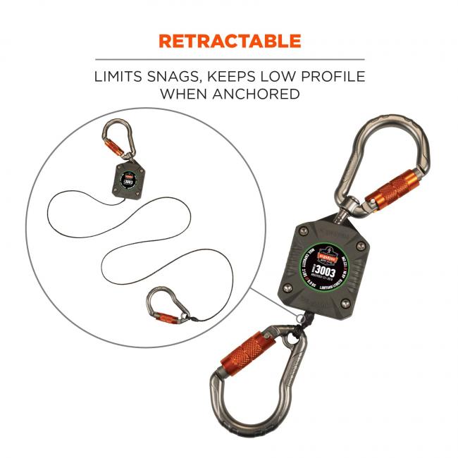 Retractable: limits snags, keeps low profile when anchored. Image shows image of lanyard retracted and extended. 