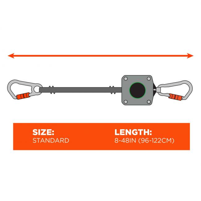 Size chart. Image shows length of lanyard from carabiner to carabiner is Size: Standard; Length: 6-48in (96-122cm)