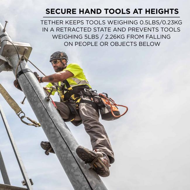 secure hand tools at heights: tether keeps tools weighing 0.5lbs/0.23kg in a retracted state and prevents tools weighing 5lbs/2.26kg from falling on people or objects below 