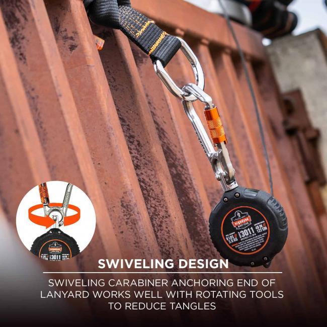 swiveling design: swiveling carabiner anchoring end of lanyard works well with rotating tools to reduce tangles 