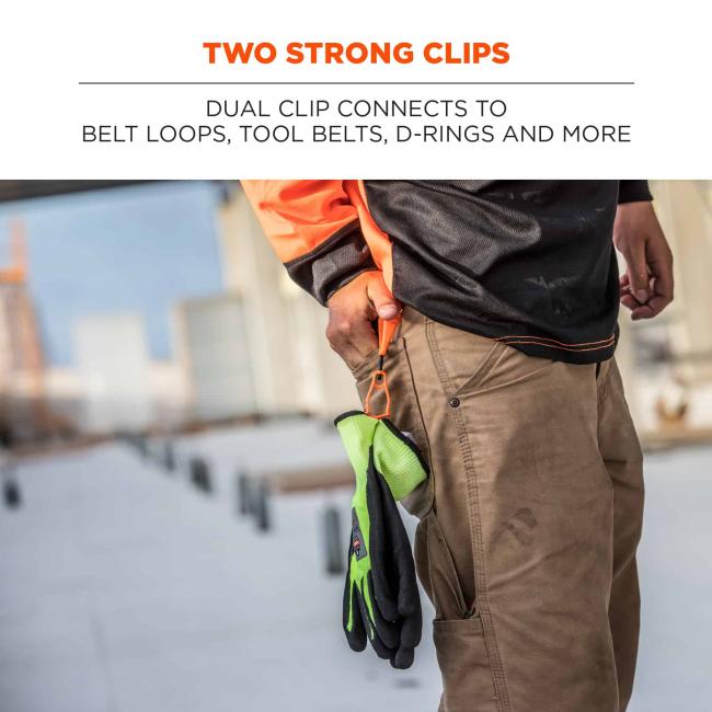 two strong clips: dual clip connects to belt loops, tool belts, d-rings and more
