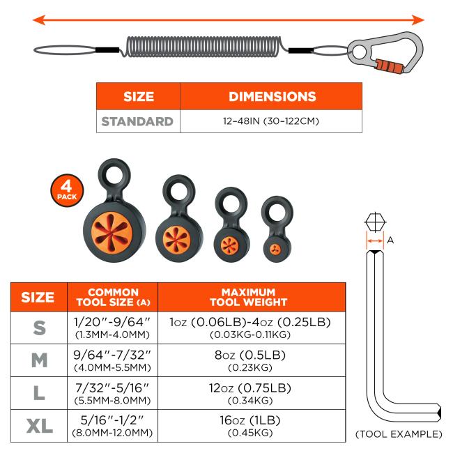 Dimensions: standard size 12-48in/30-122cm. Size small is 1/20 to 9/64 inches or 1.3mm to 4mm, max weight is 1oz (0.06lb) to 4oz (0.25lb) or 0.03kg to 0.11kg. Medium size is 9/64 to 7/32 inches or 4mm to 5.5mm, max weight is 8oz (0.5lb) or 0.23kg. Size large is 7/32 to 5/16 inches or 5.5mm to 8mm, max weight is 12oz (0.75lb) or 0.34kg. Size extra large is 5/16 to 1/2 inches or 8mm to 12mm, max weight is 16oz (1 pound) or 0.45kg