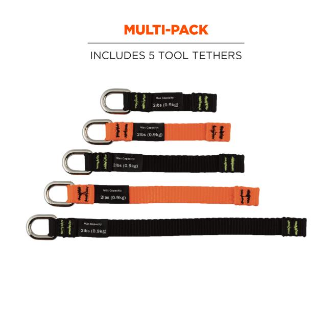 Size chart: Size short, black dimensions: 3.5in(9.0cm). Size medium, orange dimensions: 4.5in(11.5cm). Size long, black dimensions: 5.5in (14.0cm). Size x-long*, orange dimensions: 6.5in (16.5cm). Size 2x-long*, black dimensions: 8.5in (21.5cm). *Only available in variety pack. 