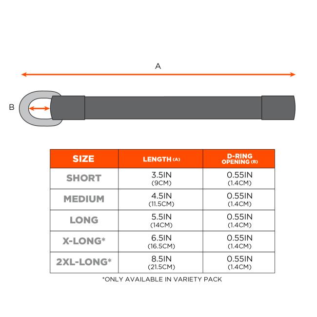 Size chart: Short: Length 3.5IN (9CM) D-Ring Opening 0.55IN (1.4CM). Medium: Length 4.5IN (11.5CM) D-Ring Opening 0.55IN (1.4CM). Long: Length 5.5IN (14CM) D-Ring Opening 0.55IN (1.4CM). X-Long*: Length 6.5IN (16.5CM) D-Ring Opening 0.55IN (1.4CM). 2XL-Long*: Length 8.5IN (21.5CM) D-Ring Opening 0.55IN (1.4CM). XL and 2XL only available in variety pack