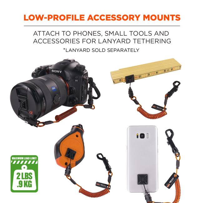 Low-profile accessory mounts: attach to phones, small tools and accessories secure and accessible. Maximum weight rating: 2lbs/0.9g. Image shows lanyard attached to a camera, small light, phone, and folding ruler.