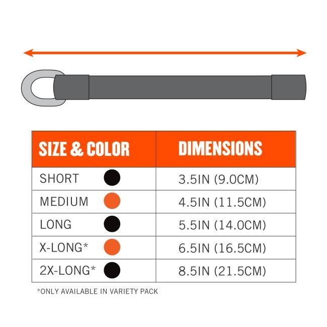 Size chart: Size short, black dimensions: 3.5in(9.0cm). Size medium, orange dimensions: 4.5in(11.5cm). Size long, black dimensions: 5.5in (14.0cm). Size x-long*, orange dimensions: 6.5in (16.5cm). Size 2x-long*, black dimensions: 8.5in (21.5cm). *Only available in variety pack.