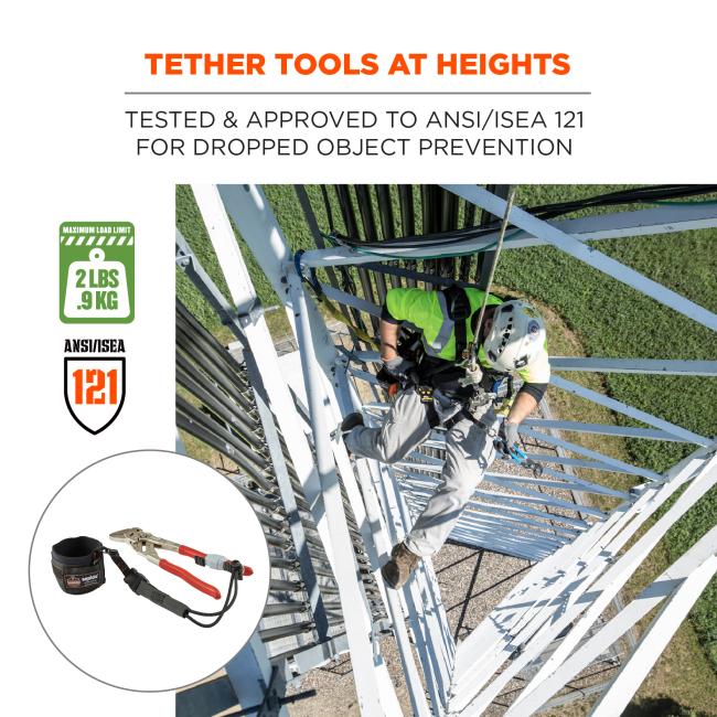 Tether tools at heights: tested & approved to ansi/isea 121 for dropped objects prevention. Image shows detail of tethered tool, and image of at-heights worker. Icons on lower left say “max. Load limit 2lbs/.9kg” and “ansi/isea 121”