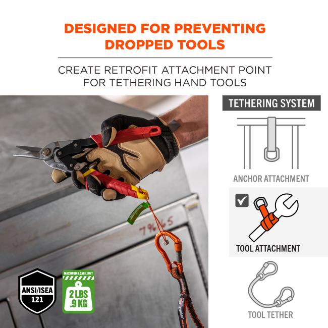 Designed for preventing dropped tools, creates retrofit attachment point for tethering hand tools. Maximum load limit of 2 pound or 0.9kg. ANSI/ISEA 121 compliant. Tool attachment