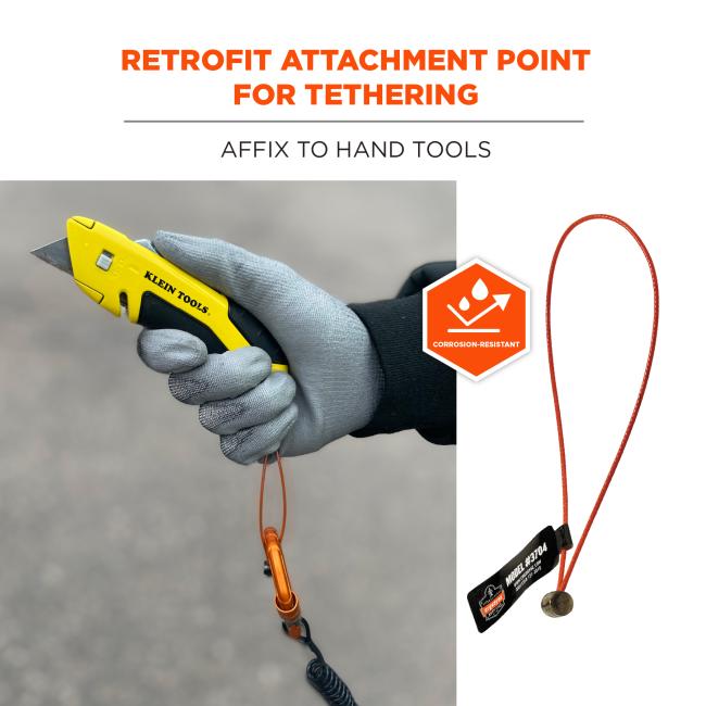 Retrofit attachment point for tethering, affix to hand tools