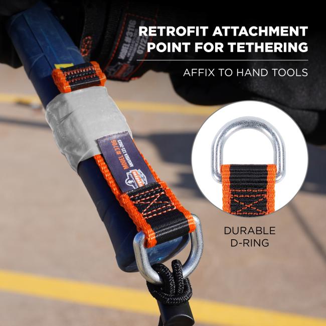 Retrofit attachment point for tethering: affix to hand tools. Durable D-ring