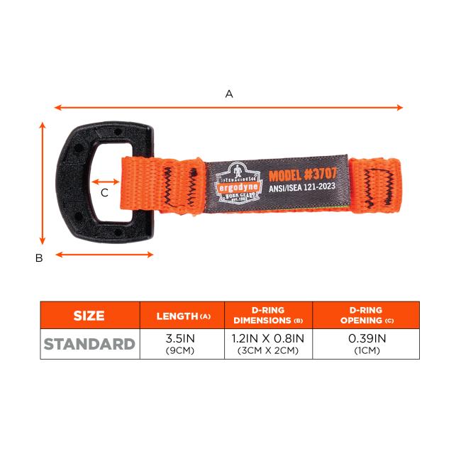 Size chart. Length of 5.5 inches or 14 cm. D-ring dimension of 1.4 inches by 1.2 inches or 3.5 cm by 3cm. D-ring opening of 0.6 inches or 1.5cm