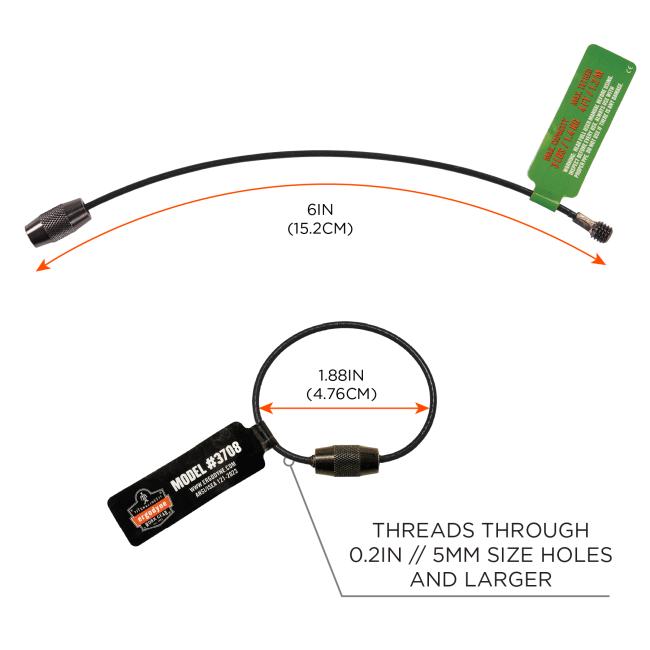 Size chart: 6 inches or 15.2cm long. Diameter of 1.88 inches or 4.76cm when in loop. Threads through 0.2 inches or 5mm size holes and larger